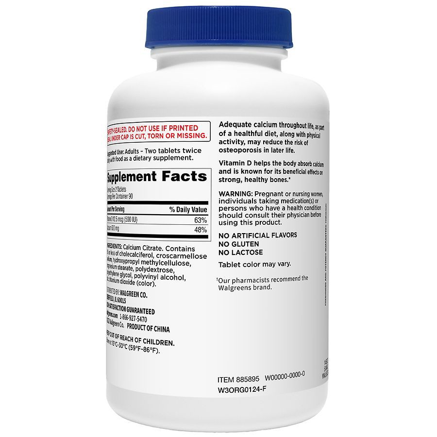 slide 3 of 4, Walgreens Calcium Citrate 630mg with 12.5mcg D3 (90 days), 180 ct