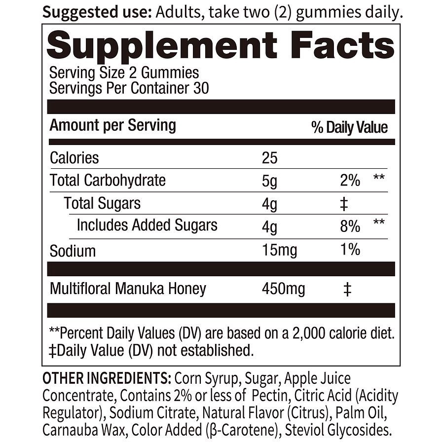 slide 2 of 3, Walgreens Free & Pure Manuka Honey Gummy Natural Citrus, 60 ct