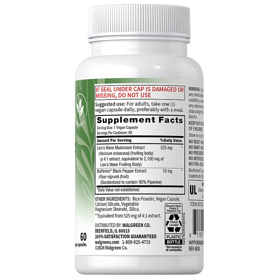 slide 2 of 4, Walgreens Free & Pure Lion's Mane Mushroom Capsules, 60 ct