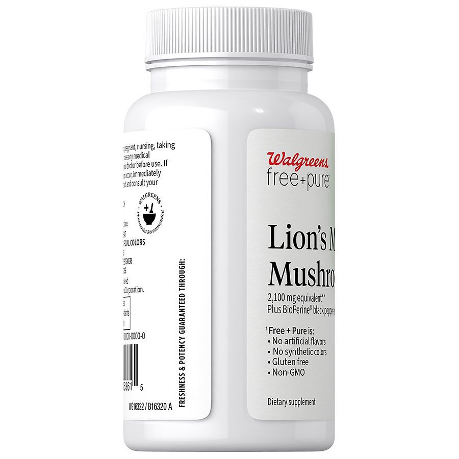 slide 3 of 4, Walgreens Free & Pure Lion's Mane Mushroom Capsules, 60 ct
