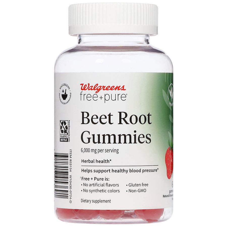 slide 4 of 5, Walgreens Free & Pure Beet Root Gummies Natural Strawberry, 60 ct