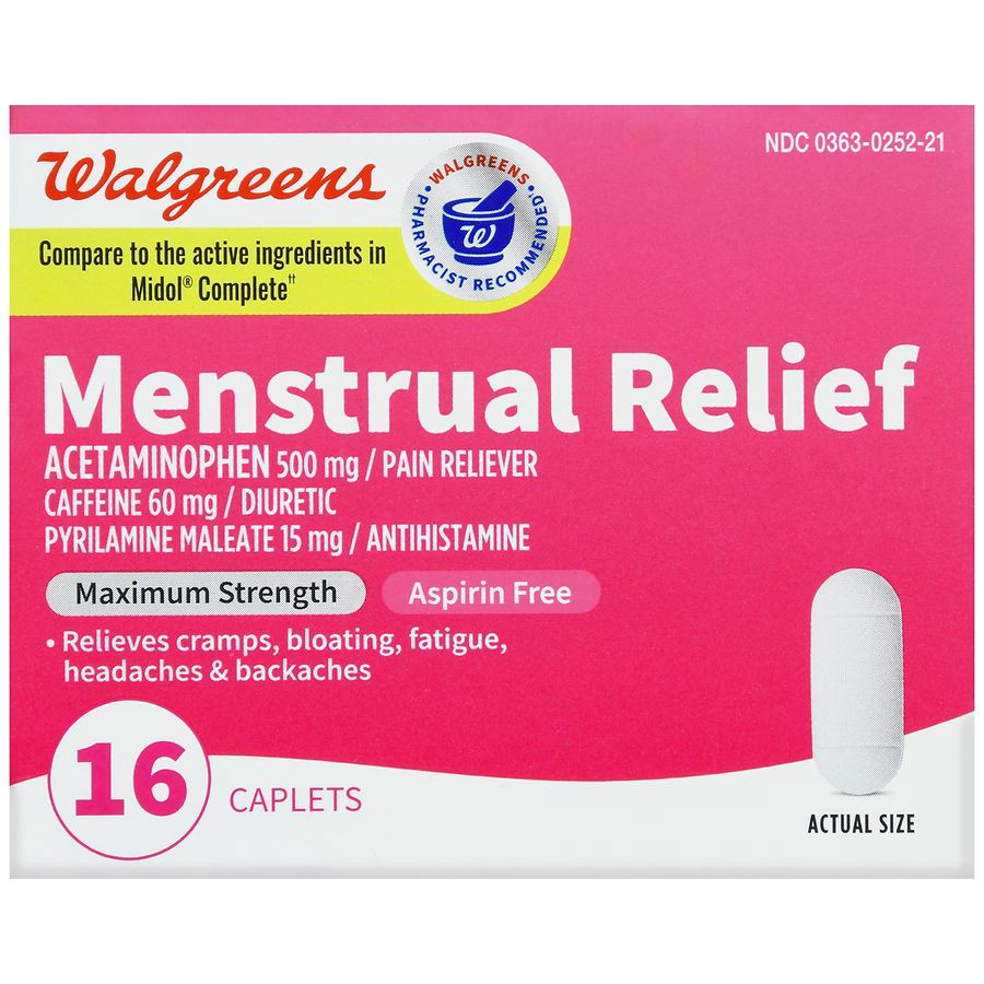 slide 2 of 5, Walgreens Maximum Strength Menstrual Relief Caplets 500Mg, 16 ct
