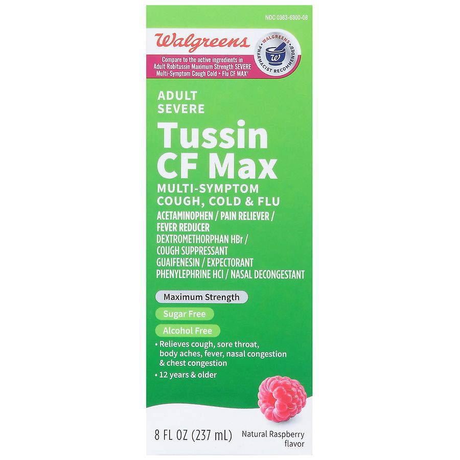 slide 3 of 5, Walgreens Adult Severe Tussin CF Max Liquid Natural Raspberry, 8 fl oz