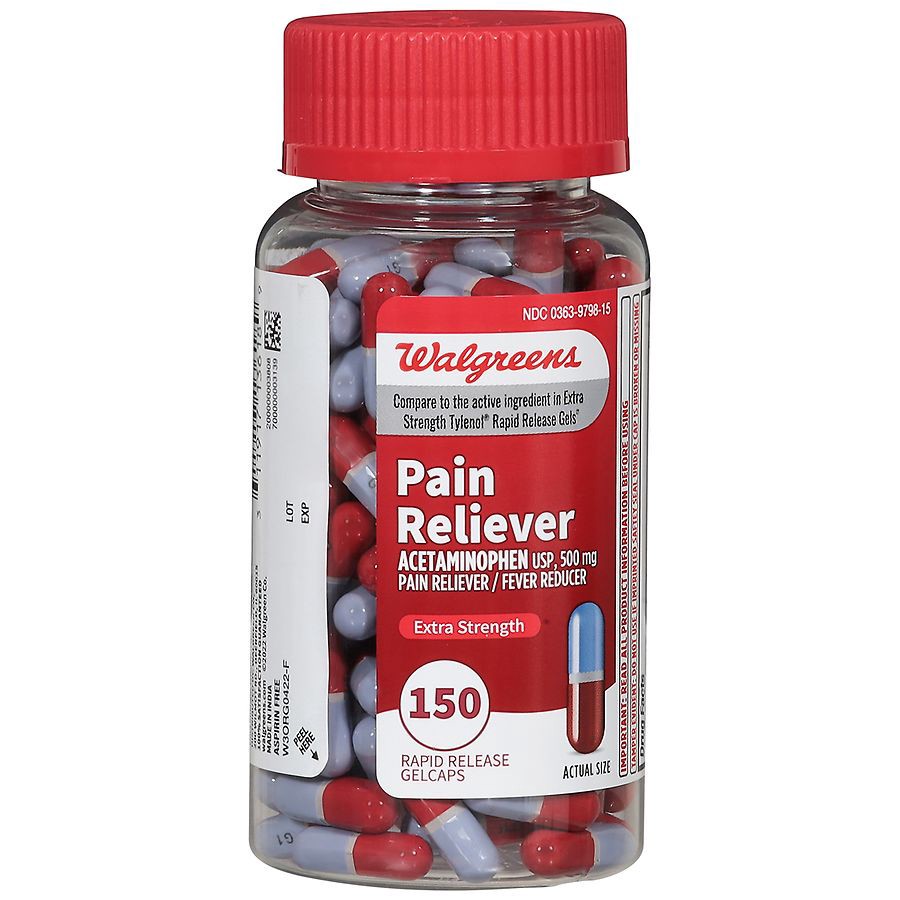 slide 5 of 5, Walgreens Pain Reliever Extra Strength Easy Open Rapid Release Gelcaps, 150 ct