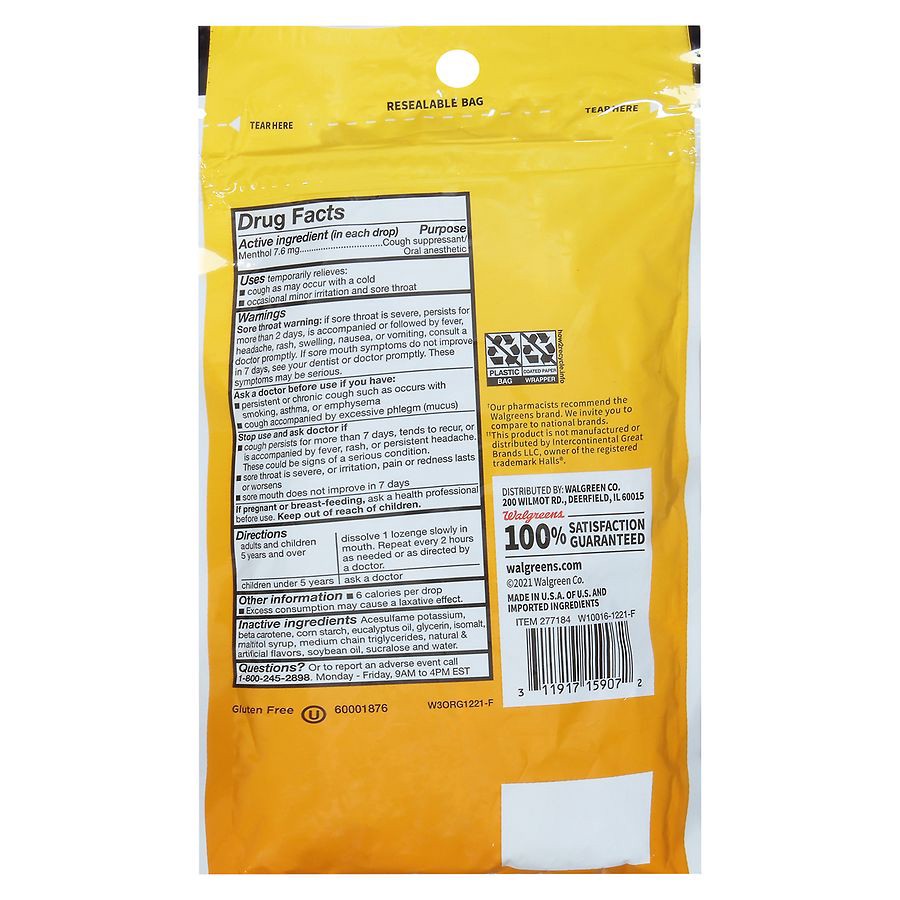 slide 5 of 5, Walgreens Sugar-Free Honey Lemon Flavored Cough Drops, 25 ct