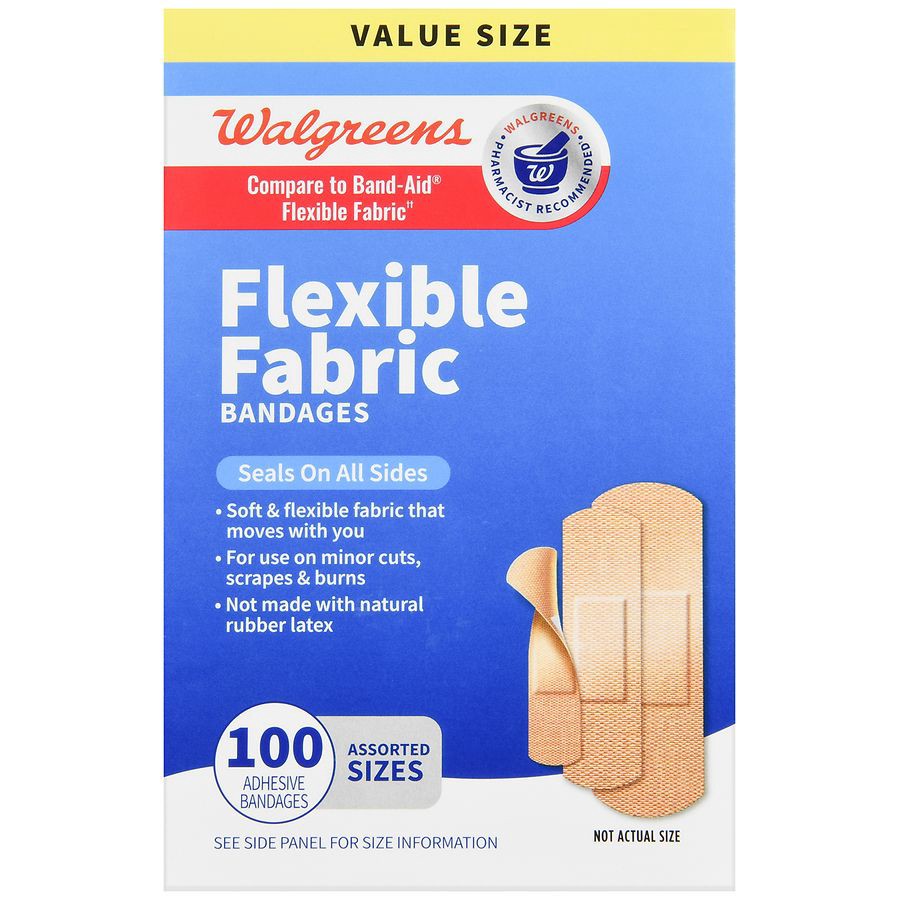 slide 5 of 5, Walgreens Flexible Fabric Assorted Sizes Bandages Value Size, 100 ct