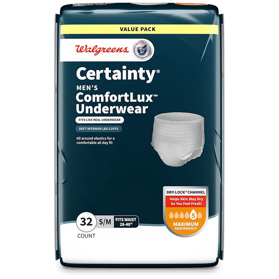 slide 2 of 5, Walgreens Men's Small/Medium Maximum Absorbency Certainty Underwear, 32 ct