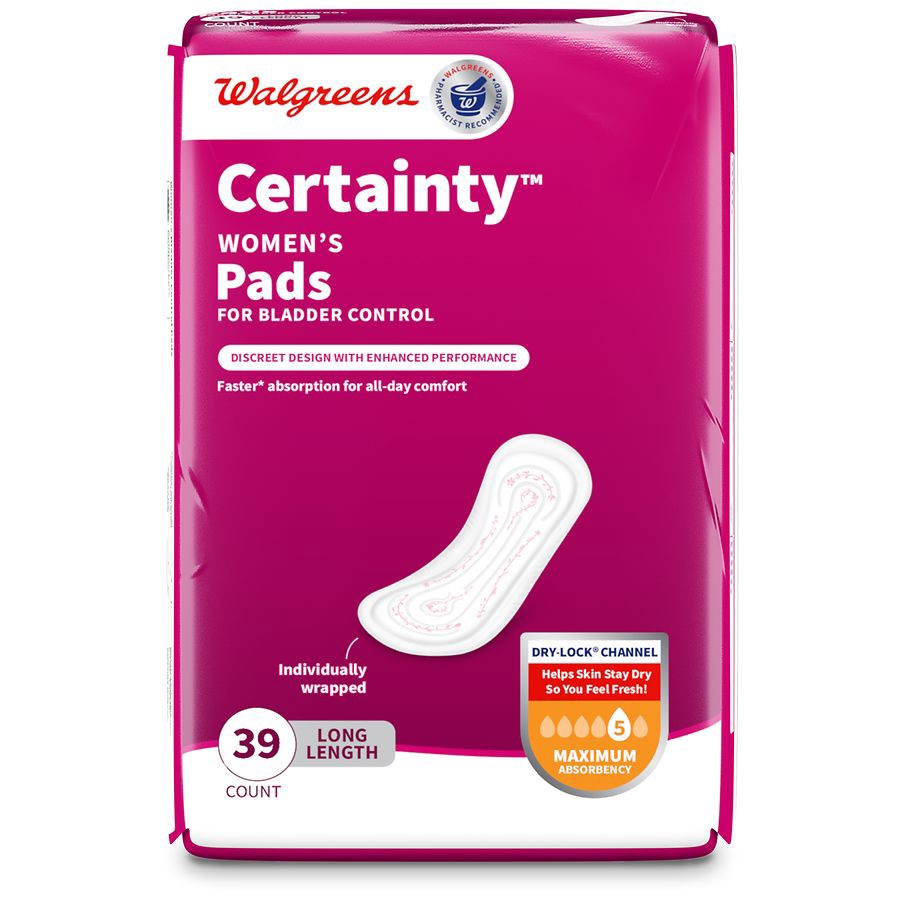 slide 5 of 5, Walgreens Women's Certainty Long Length Maximum Absorbency Bladder Control Pads, 39 ct
