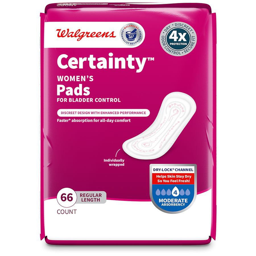slide 5 of 5, Walgreens Certainty Incontinence Pads, 4 Drop Moderate Absorbency Regular Length, 66 ct