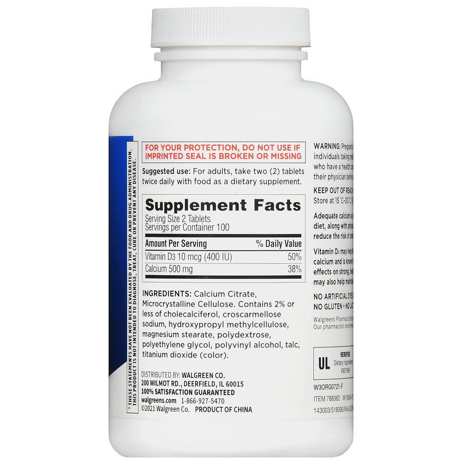 slide 5 of 5, Walgreens Calcium Citrate + Vitamin D3 Tablets 500Mg + 10Mcg, 200 ct