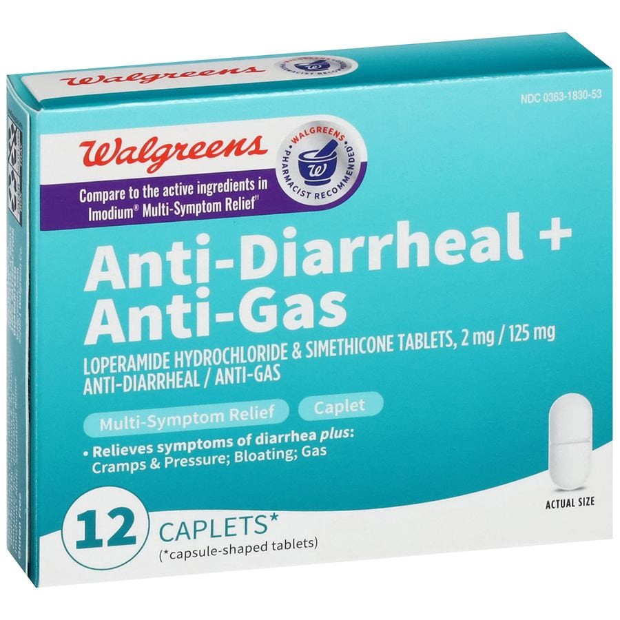 slide 2 of 5, Walgreens Anti Diarrheal + Anti-Gas Caplet, 12 ct