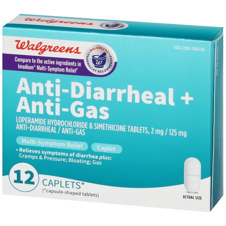 slide 4 of 5, Walgreens Anti Diarrheal + Anti-Gas Caplet, 12 ct