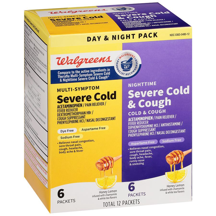 slide 2 of 5, Walgreens Multi-Symptom Severe Cold & Nighttime Severe Cold & Cough Packets Honey Lemon Infused with Chamomile & White Tea, 6 ct x 2 ct