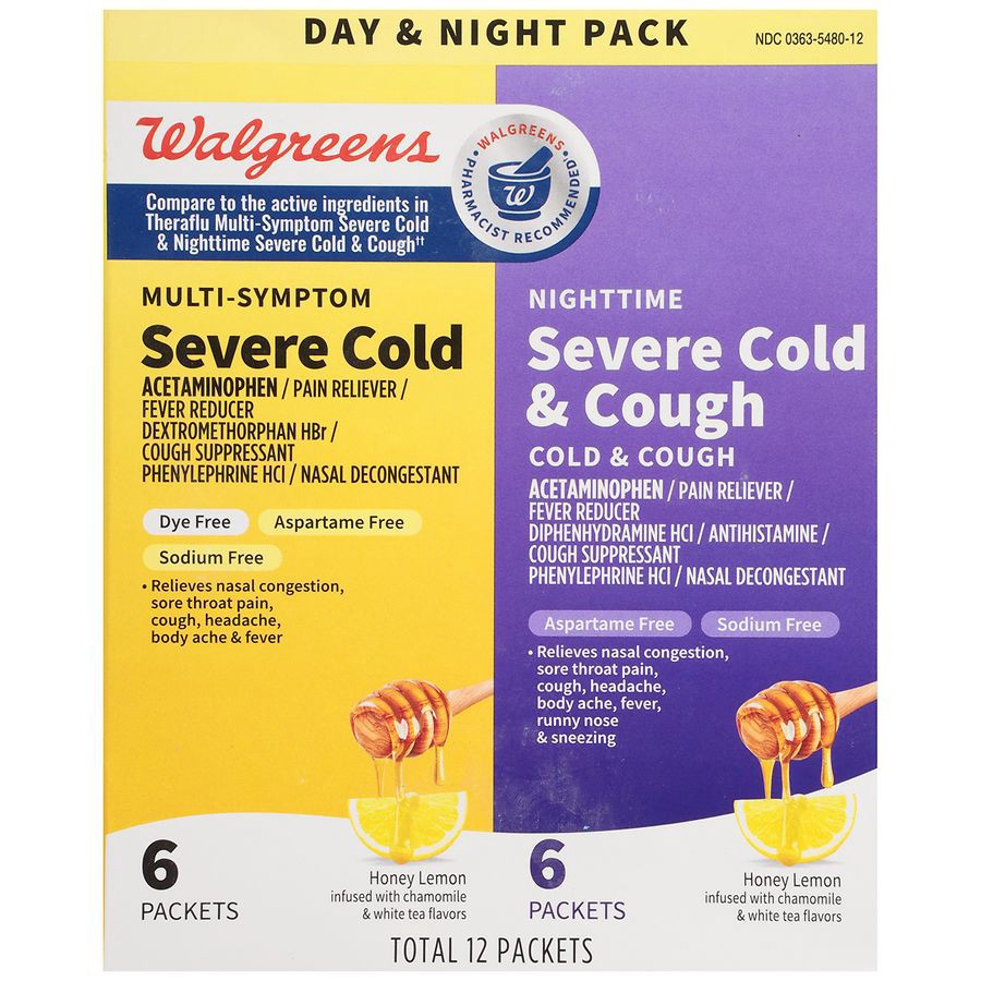 slide 5 of 5, Walgreens Multi-Symptom Severe Cold & Nighttime Severe Cold & Cough Packets Honey Lemon Infused with Chamomile & White Tea, 6 ct x 2 ct
