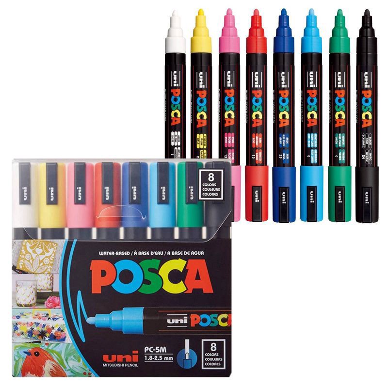 slide 1 of 7, uniball uni POSCA 8pk PC-5M Water Based Paint Markers Medium Point 1.8-2.5mm in Assorted Colors, 8 ct