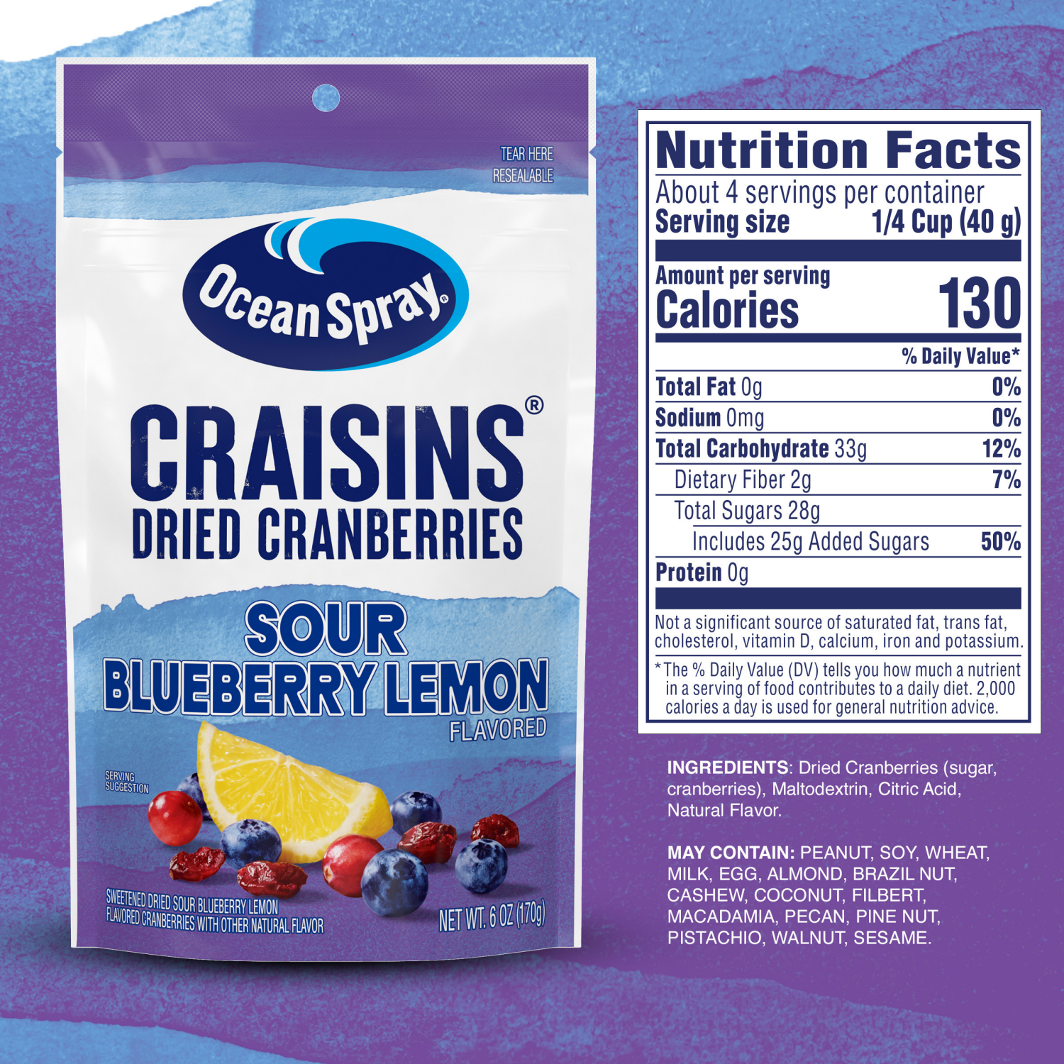 slide 3 of 5, Ocean Spray 6oz Craisins Dried Cranberries- Sour Blueberry Lemon Flavor, 6 oz