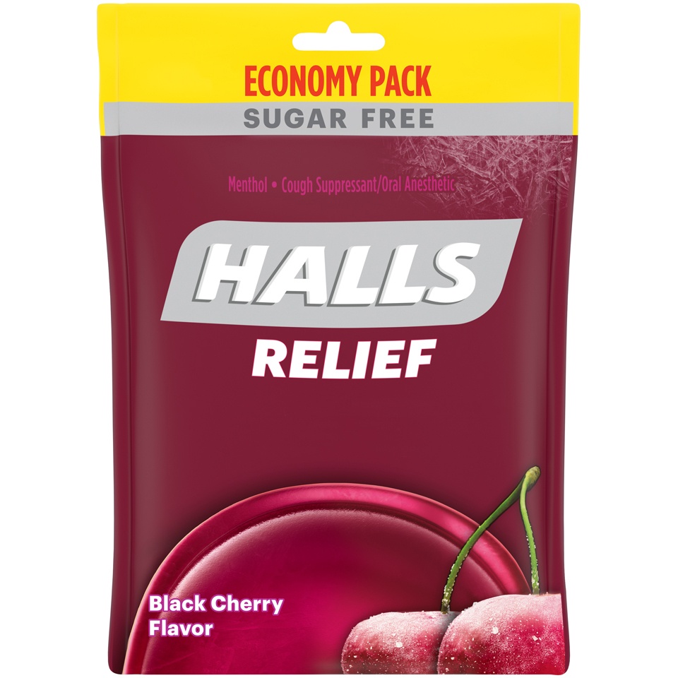 slide 7 of 8, HALLS Relief Sugar Free Black Cherry Flavor Cough Drops, Economy Pack, 1 Bag (70 Total Drops), 8.75 oz