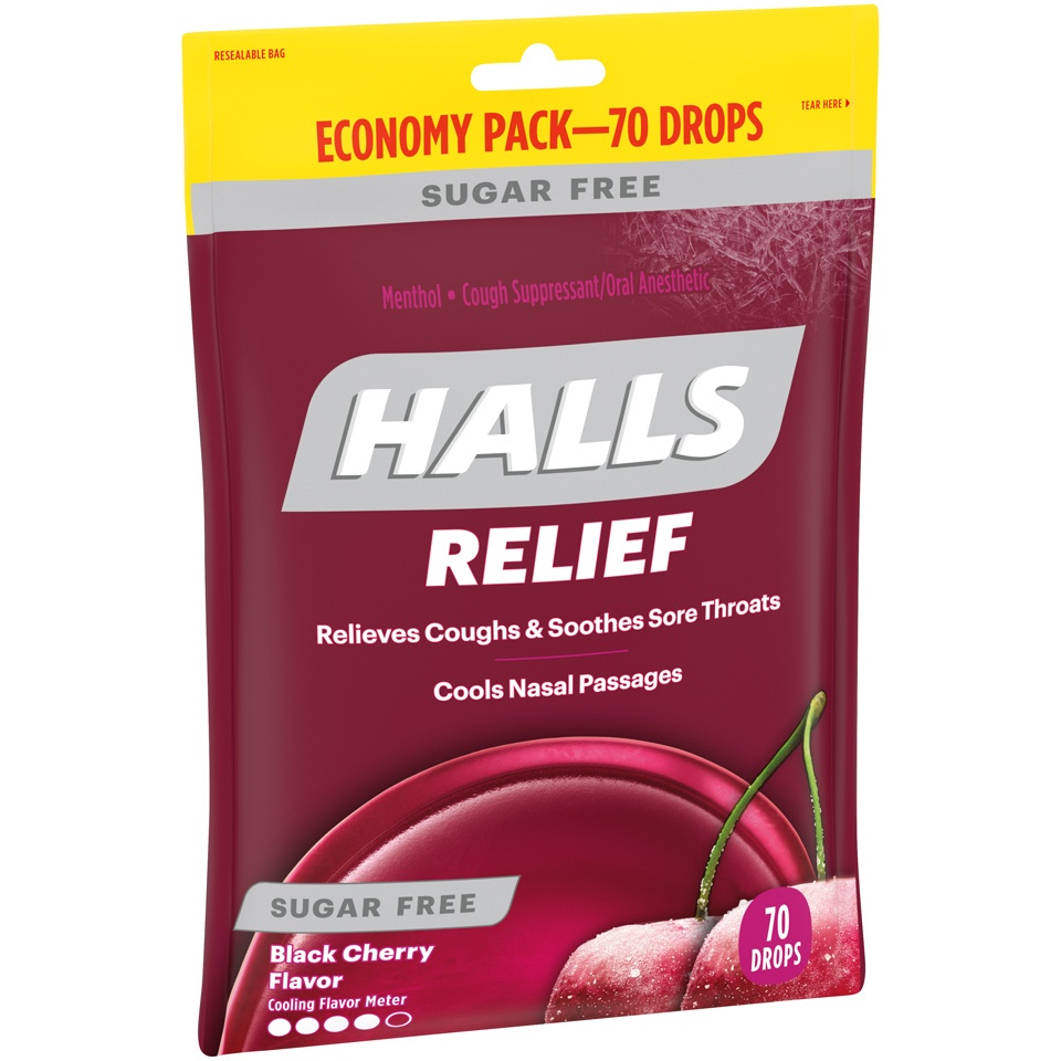 slide 4 of 8, HALLS Relief Sugar Free Black Cherry Flavor Cough Drops, Economy Pack, 1 Bag (70 Total Drops), 8.75 oz
