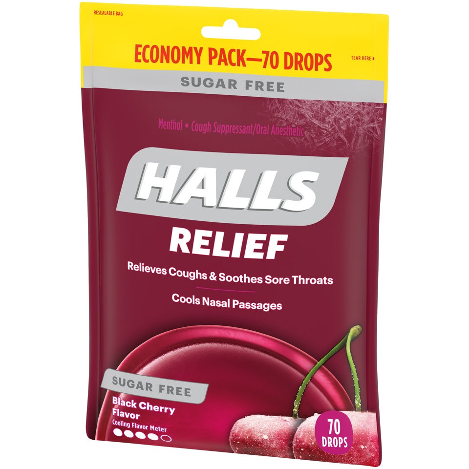 slide 2 of 8, HALLS Relief Sugar Free Black Cherry Flavor Cough Drops, Economy Pack, 1 Bag (70 Total Drops), 8.75 oz