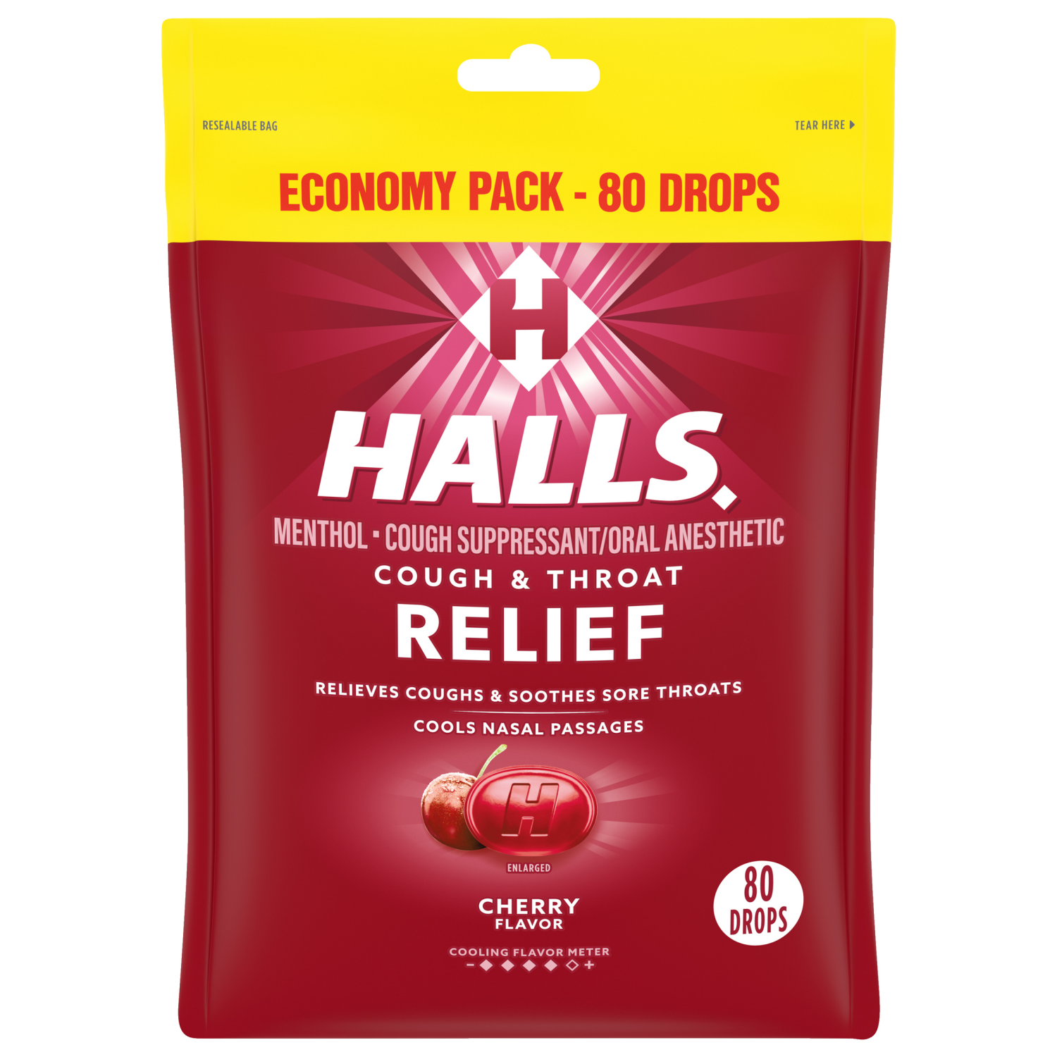 slide 1 of 5, HALLS Relief Cherry Cough Drops, Economy Pack, 80 Drops, 80 ct