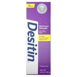 Desitin Maximum Strength Baby Diaper Rash Cream with 40% Zinc Oxide for Treatment, Relief & Prevention, Hypoallergenic, Phthalate- & Paraben-Free Paste, 4.8 oz