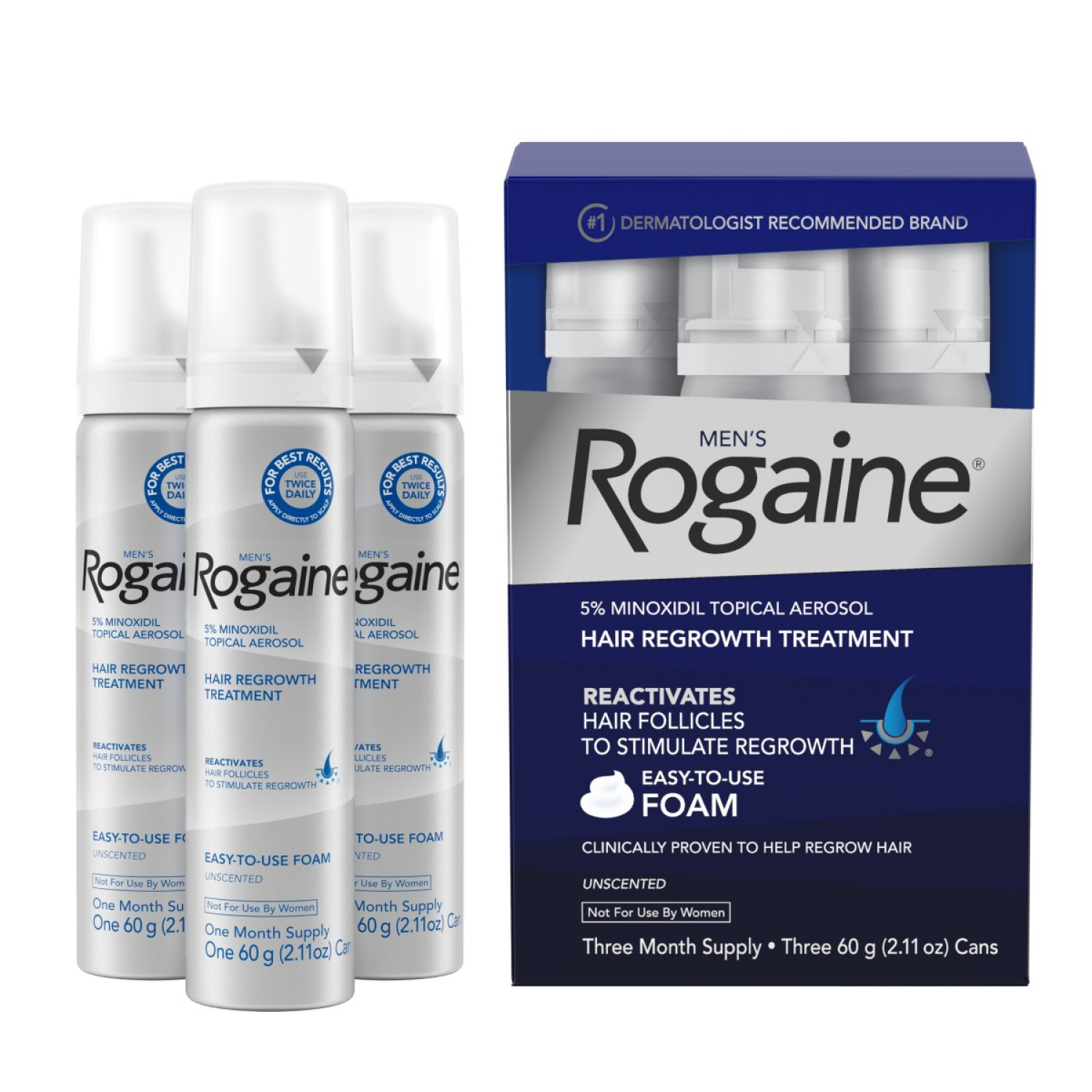 slide 2 of 8, Rogaine Men's Rogaine 5% Minoxidil Topical Foam, Three Month Supply, 3 ct