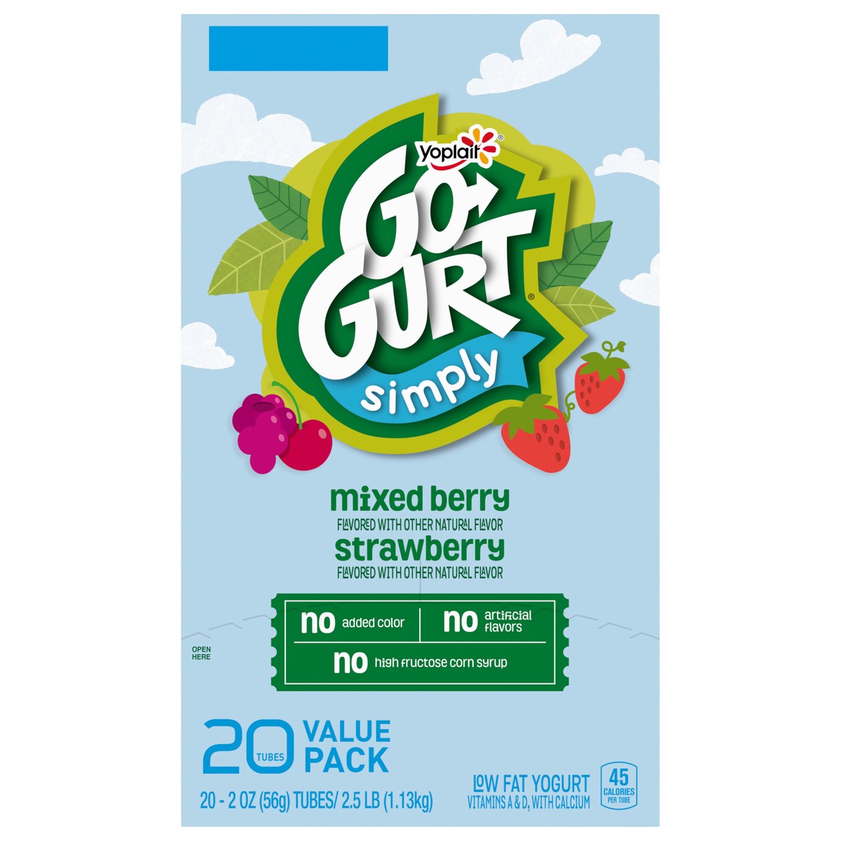 slide 1 of 1, Go-Gurt Simply Go-GURT Strawberry and Mixed Berry Kids Low Fat Yogurt Variety Pack, Gluten Free, 2 oz Yogurt Tubes (20 Count), 20 ct