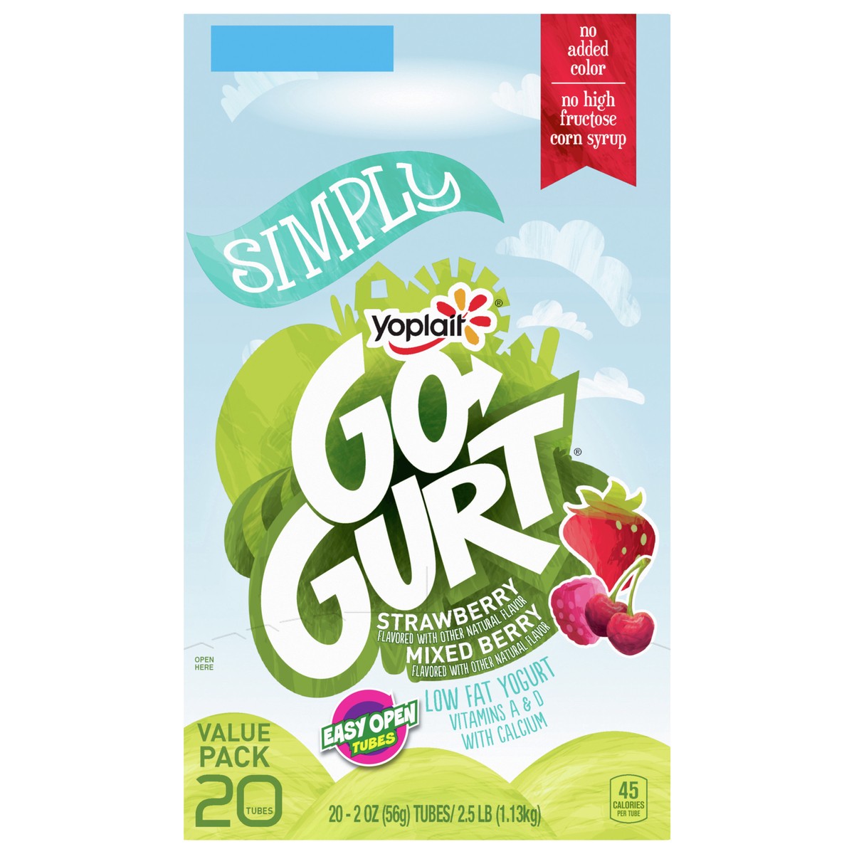 slide 1 of 1, Go-Gurt Simply Go-GURT Strawberry and Mixed Berry Kids Low Fat Yogurt Variety Pack, Gluten Free, 2 oz Yogurt Tubes (20 Count), 20 ct