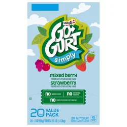 Go-Gurt Simply Go-GURT Strawberry and Mixed Berry Kids Low Fat Yogurt Variety Pack, Gluten Free, 2 oz Yogurt Tubes (20 Count)