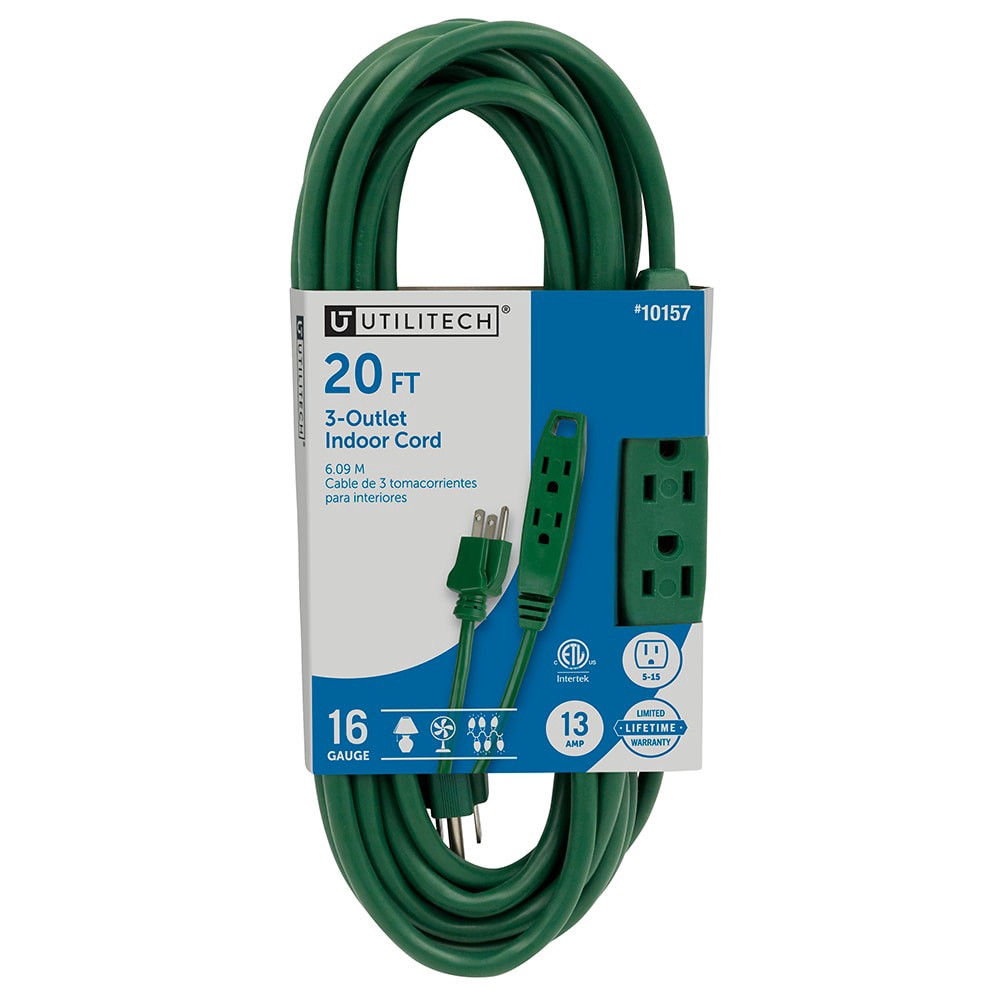 slide 1 of 3, Utilitech 20-ft 16 / 3 Light Duty 3 Prong Green Indoor Extension Power Cord, 1 ct