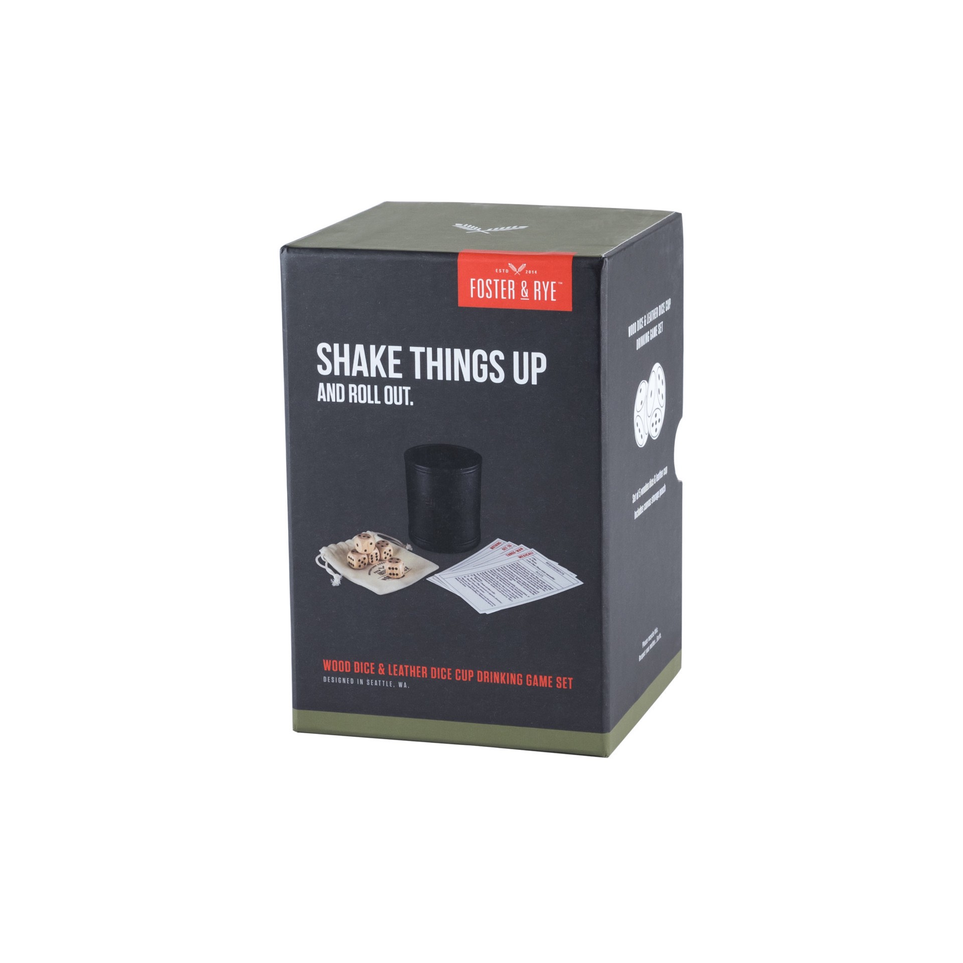 slide 2 of 3, Foster & Rye Dice Drinking Game Set for Adults with Game Instruction Cards, Wood Dice Faux Leather Dice Cup and Canvas Storage Pouch, 6 ct