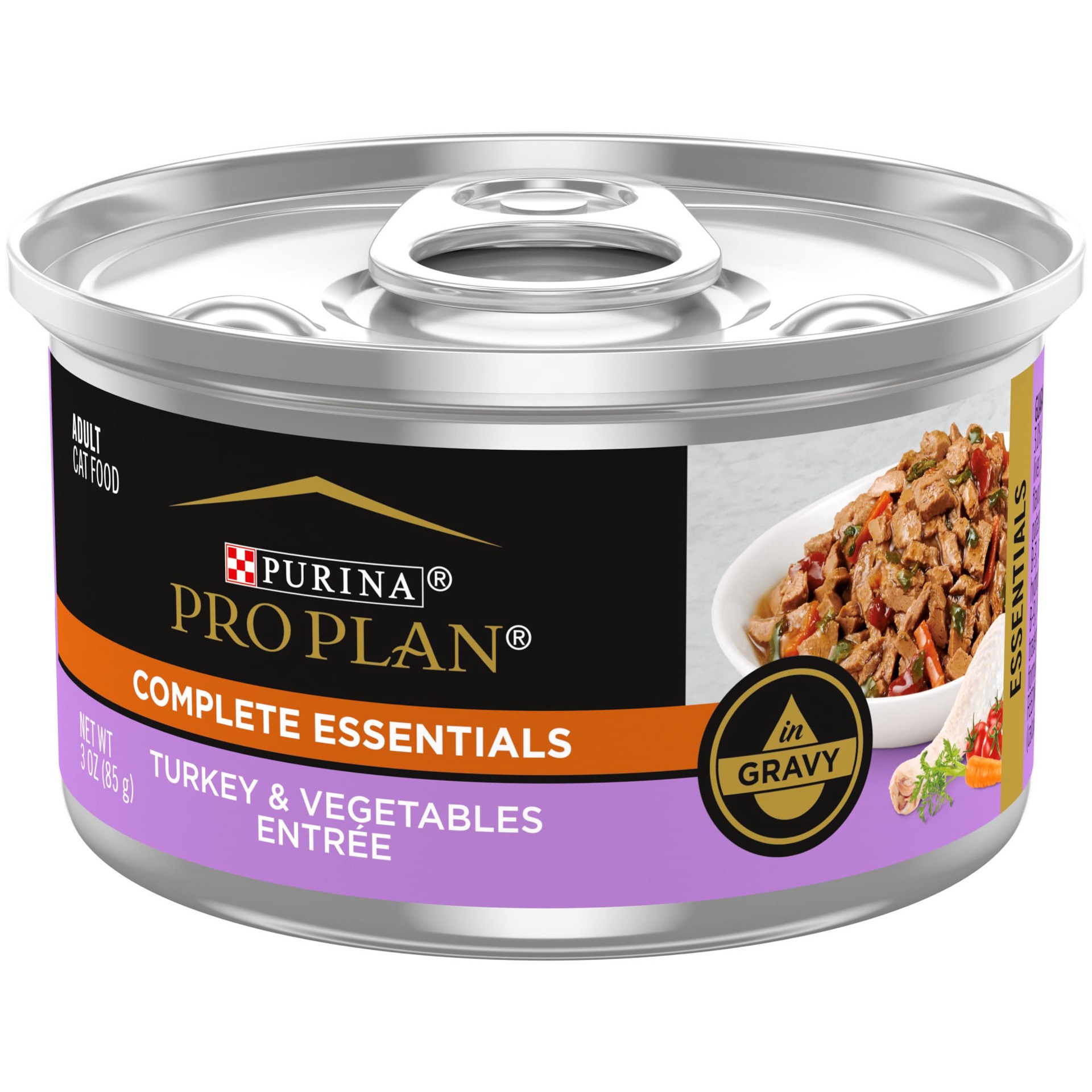 slide 1 of 8, Pro Plan Purina Pro Plan Gravy, High Protein Wet Cat Food, COMPLETE ESSENTIALS Turkey & Vegetable Entree, 3 oz