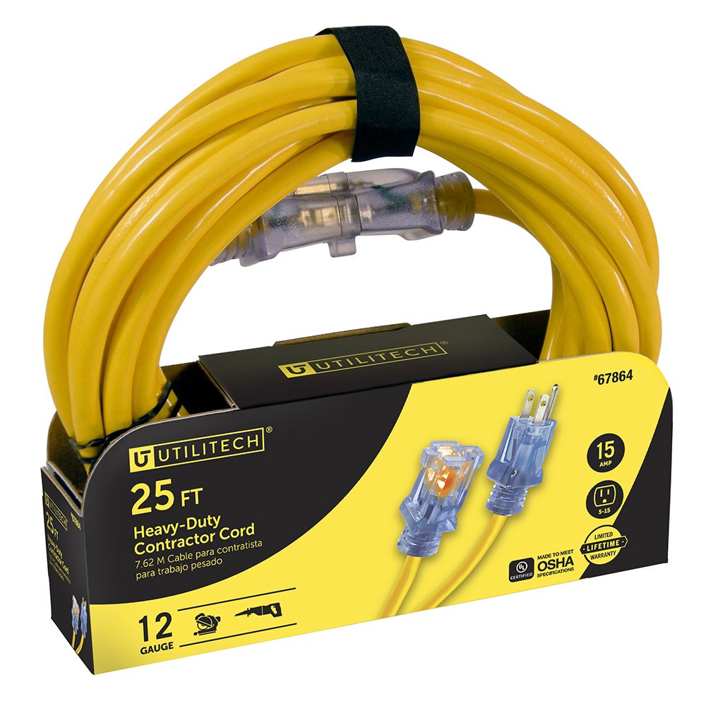 slide 1 of 6, Utilitech 25-ft 12 / 3 Heavy Duty 3 Prong Yellow Outdoor Extension Power Cord, 1 ct