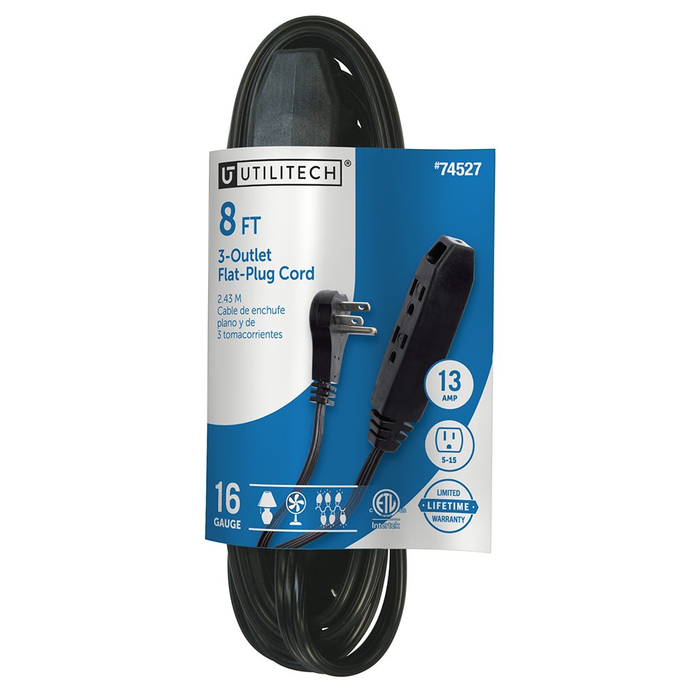 slide 1 of 3, Utilitech 8-ft 16 / 3 Light Duty 3 Prong Black Indoor Extension Power Cord, 1 ct