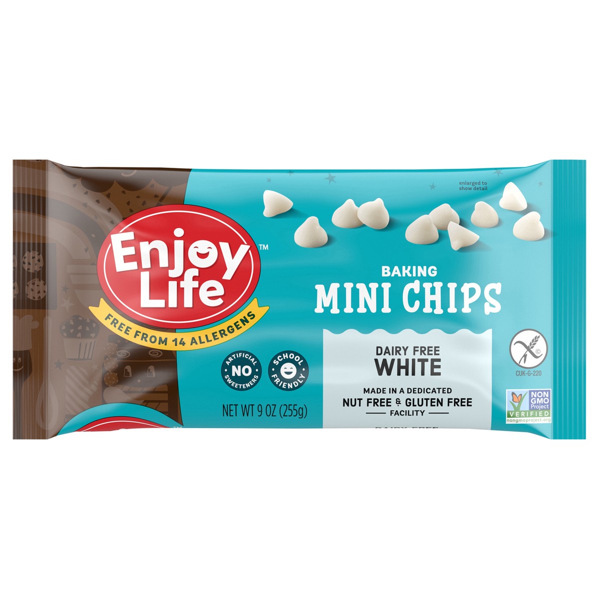 slide 1 of 9, ENJOY LIFE NATURAL BRANDS LLC Baking Chocolate 3D - Mini Chips - White Chocolate Film Enjoy Life Redesign 9oz - 255g English, 9 oz