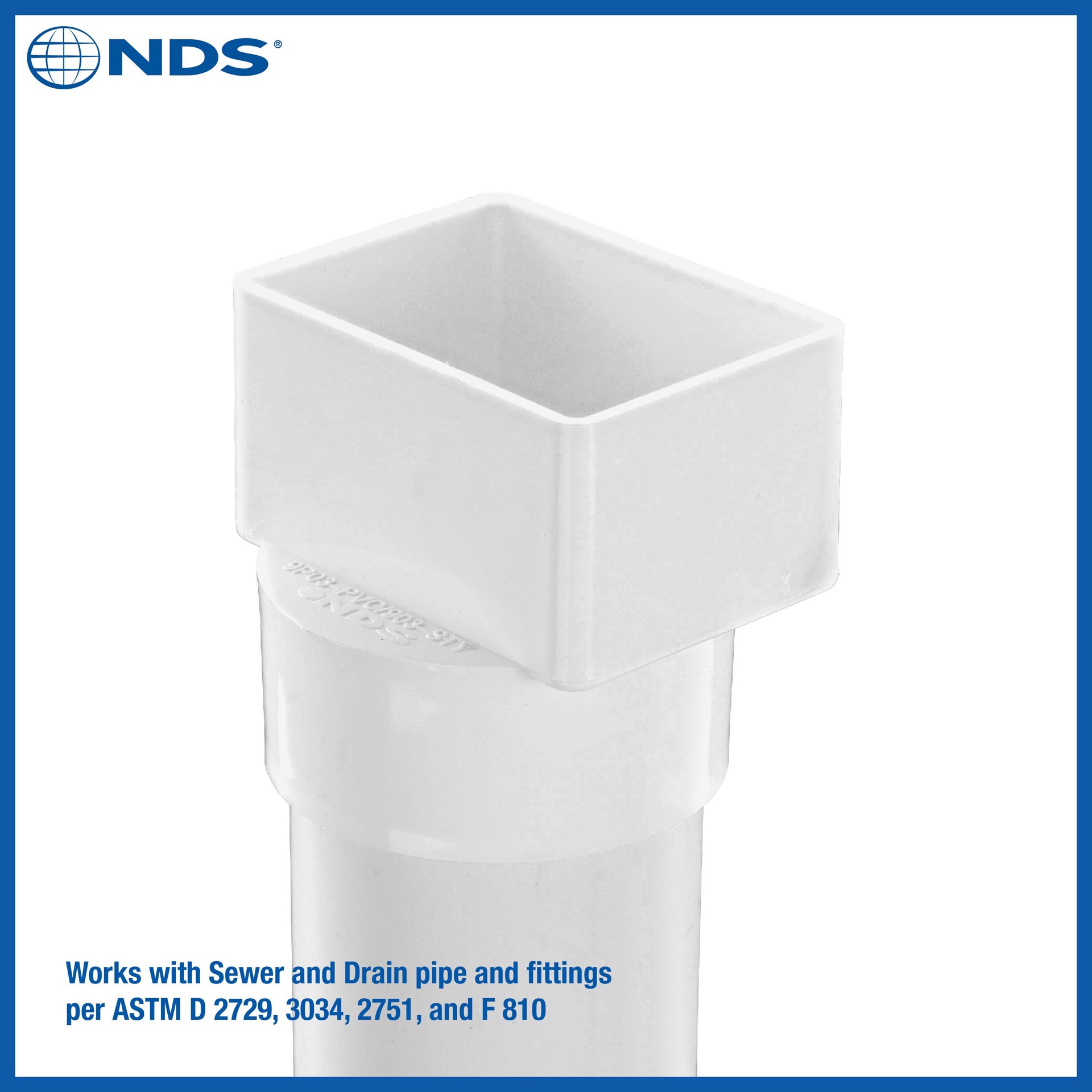 slide 5 of 6, NDS PVC Offset Downspout Adapter, 2X3 in. Downspout X 3 in. Sewer and Drain Hub, 1 ct