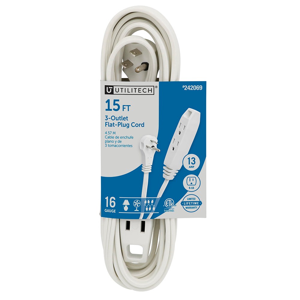 slide 1 of 4, Utilitech 15-ft 16 / 3 Light Duty 3 Prong White Indoor Extension Power Cord, 1 ct