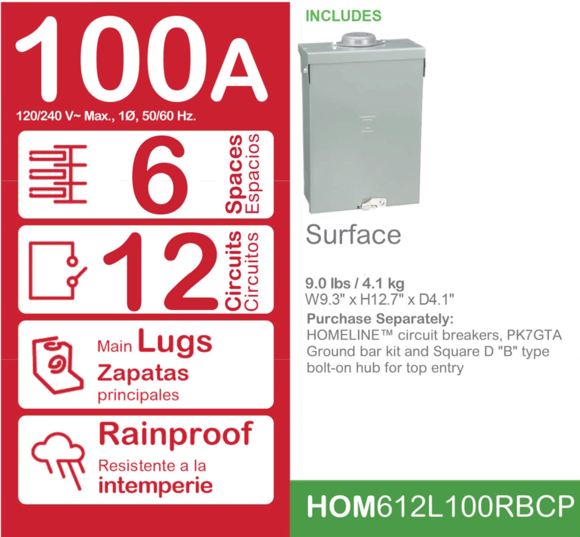 slide 6 of 6, Square D 100 -Amp 6 -Spaces 12 -Circuit Outdoor Main lug Load Center, 1 ct
