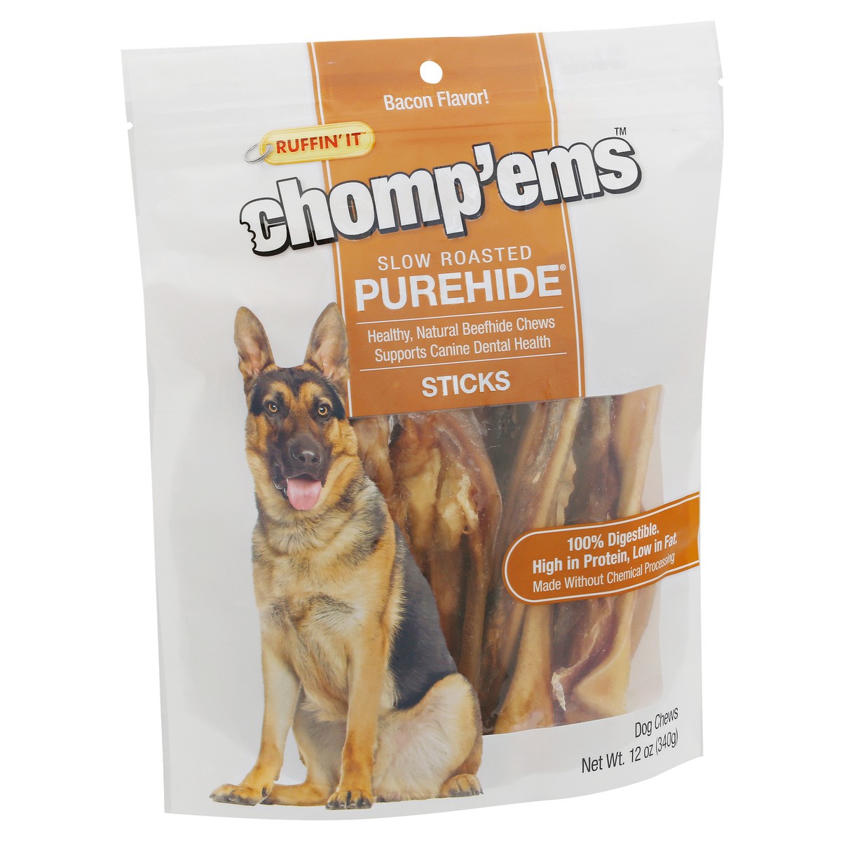 slide 7 of 9, Ruffin' It Chomp'ems Stick Slow Roasted Purehide Bacon Flavor Dog Chews 12 oz, 12 oz