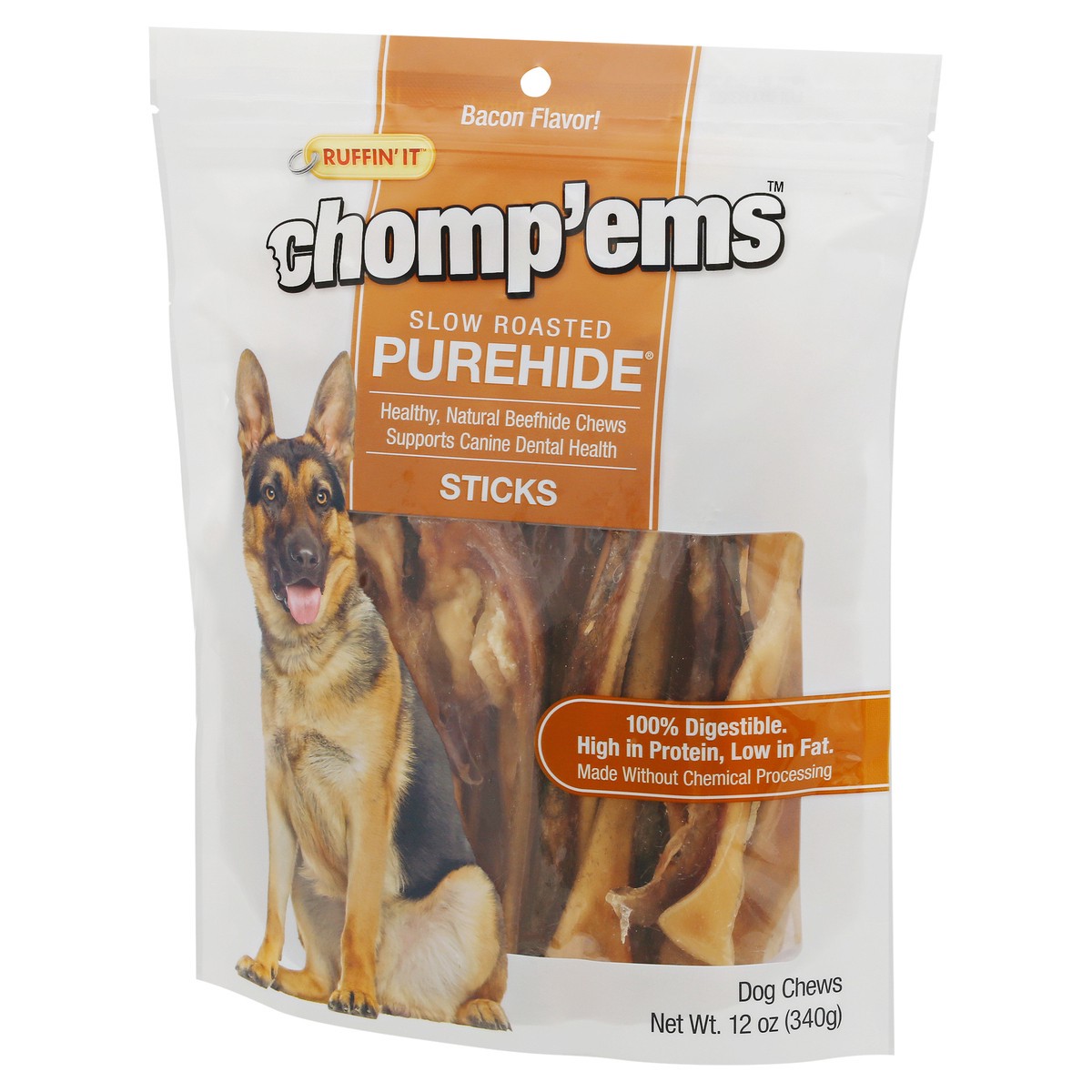 slide 6 of 9, Ruffin' It Chomp'ems Stick Slow Roasted Purehide Bacon Flavor Dog Chews 12 oz, 12 oz