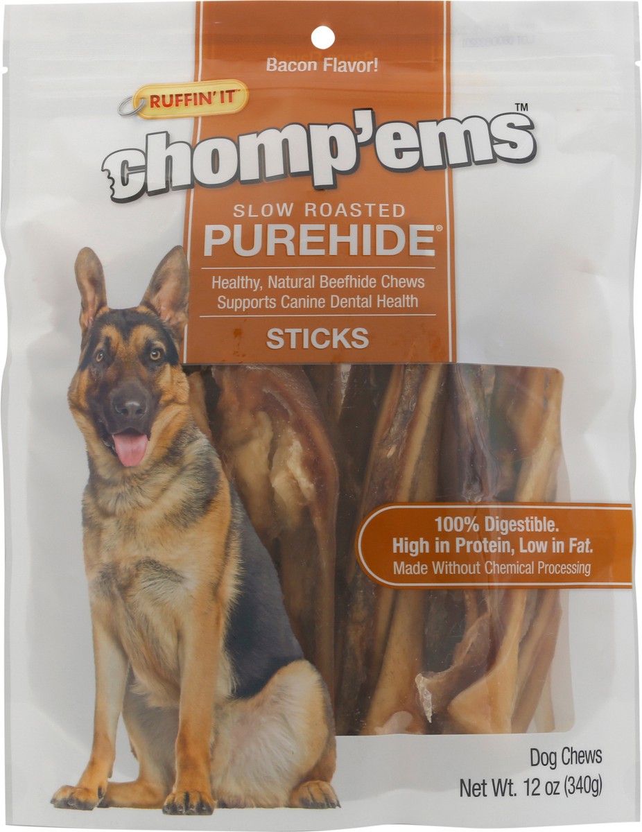 slide 5 of 9, Ruffin' It Chomp'ems Stick Slow Roasted Purehide Bacon Flavor Dog Chews 12 oz, 12 oz