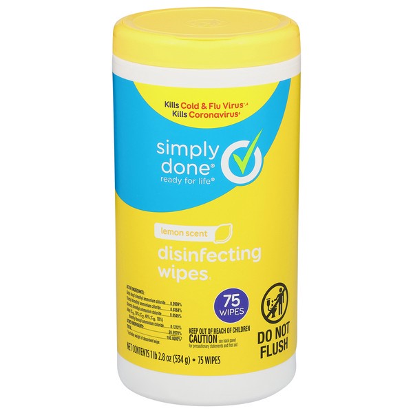 slide 1 of 1, Simply Done Lemon Scent Disinfecting Wipes 75 ea, 75 ct