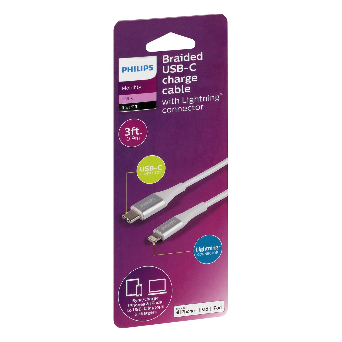 slide 5 of 8, Philips Usb-C To Lightning Cable, 3 Ft, Braided, White, 1 ct
