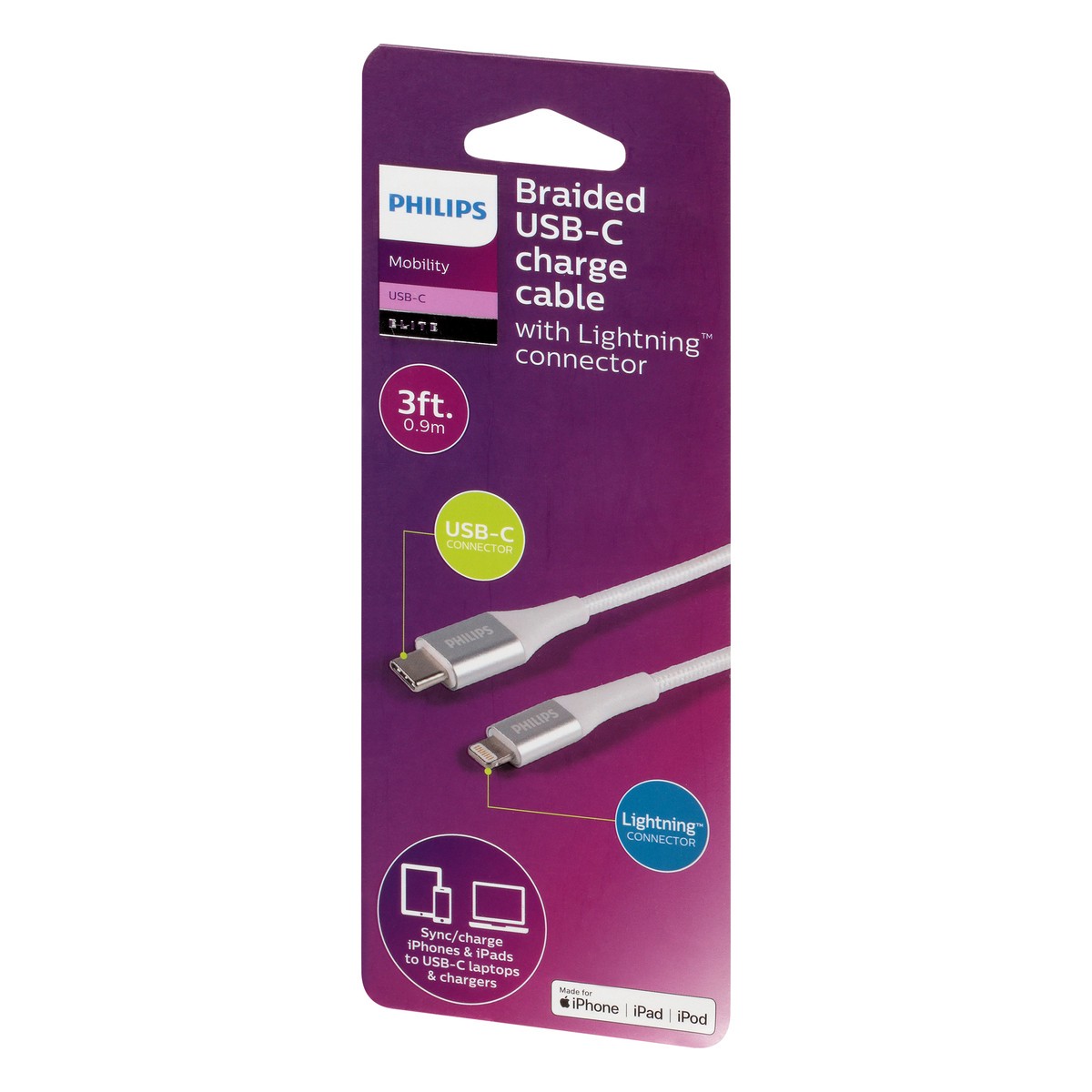 slide 4 of 8, Philips Usb-C To Lightning Cable, 3 Ft, Braided, White, 1 ct