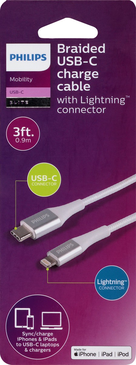 slide 6 of 8, Philips Usb-C To Lightning Cable, 3 Ft, Braided, White, 1 ct