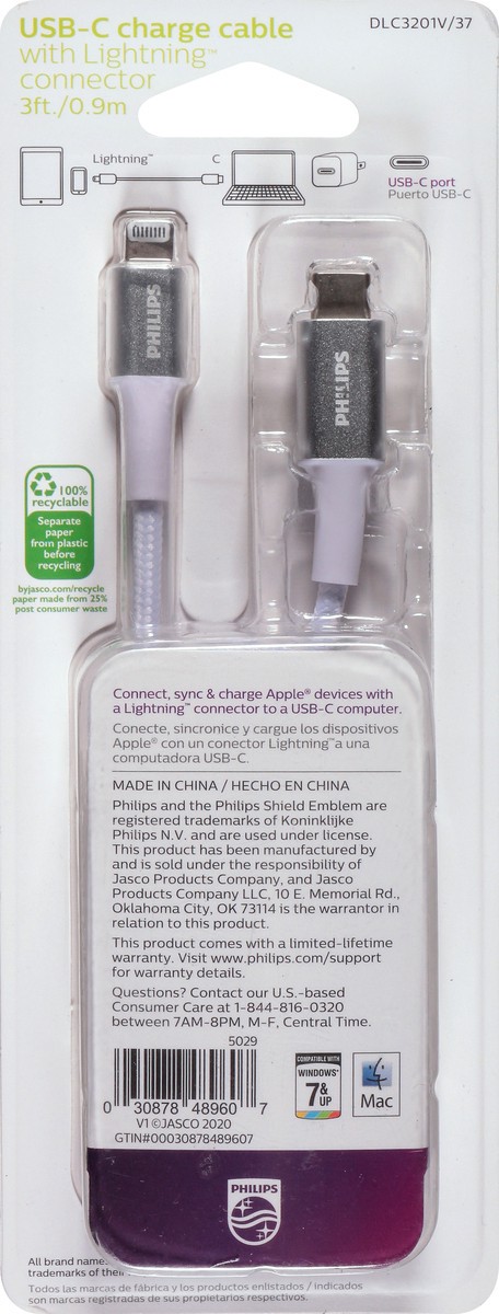 slide 3 of 8, Philips Usb-C To Lightning Cable, 3 Ft, Braided, White, 1 ct