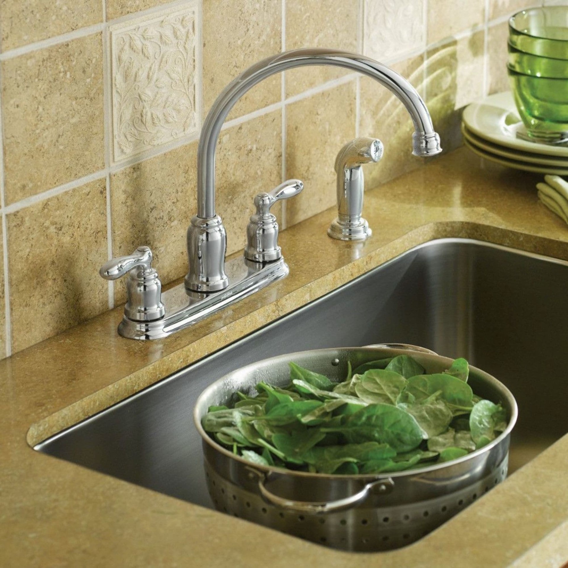 slide 1 of 6, Moen Caldwell Chrome Double Handle Deck-mount Kitchen Faucet with Sprayer (Includes Deck Plate) (Includes Side Sprayer), 1 ct