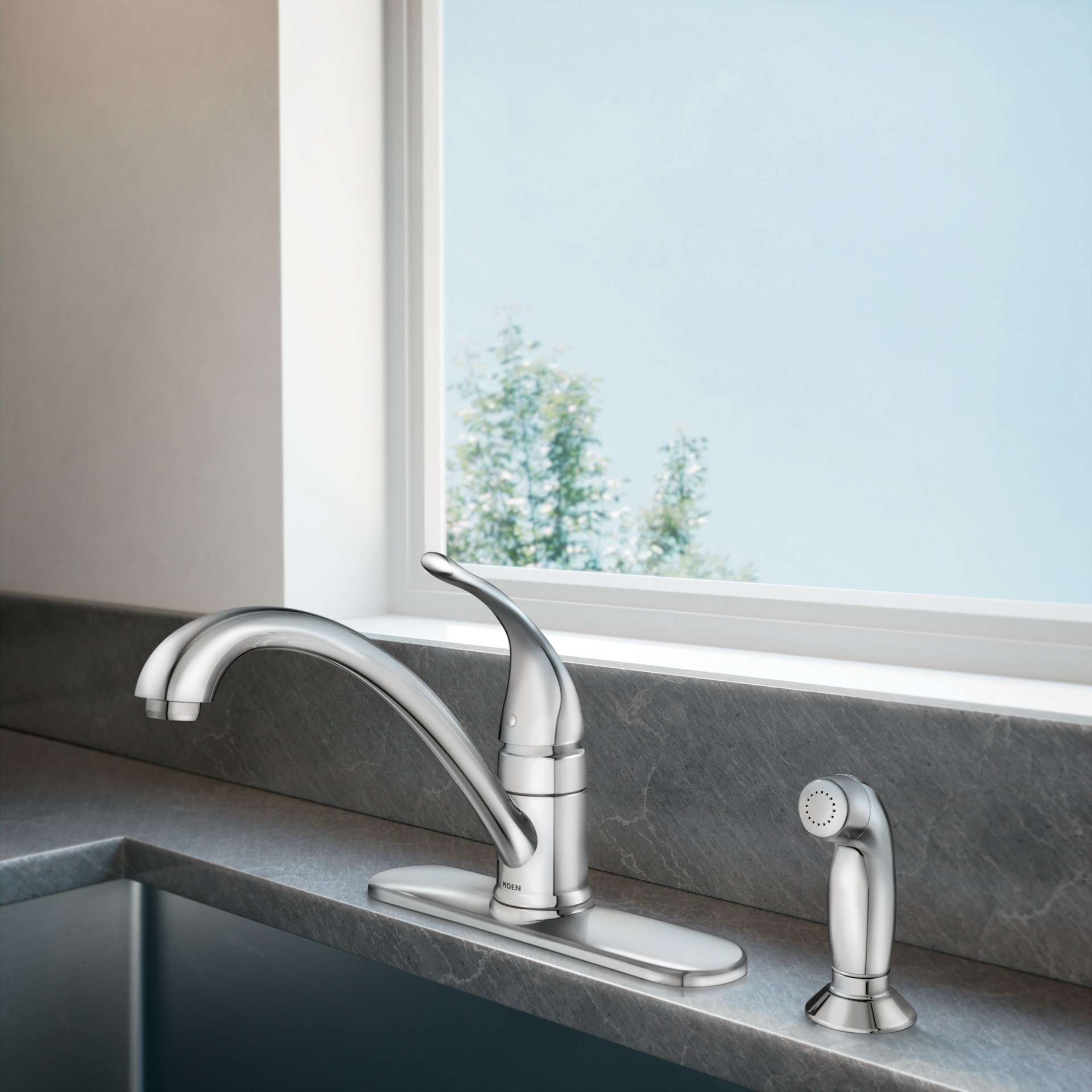 slide 1 of 6, Moen Torrance Chrome Single Handle Deck-mount Kitchen Faucet with Sprayer (Includes Deck Plate) (Includes Side Sprayer), 1 ct