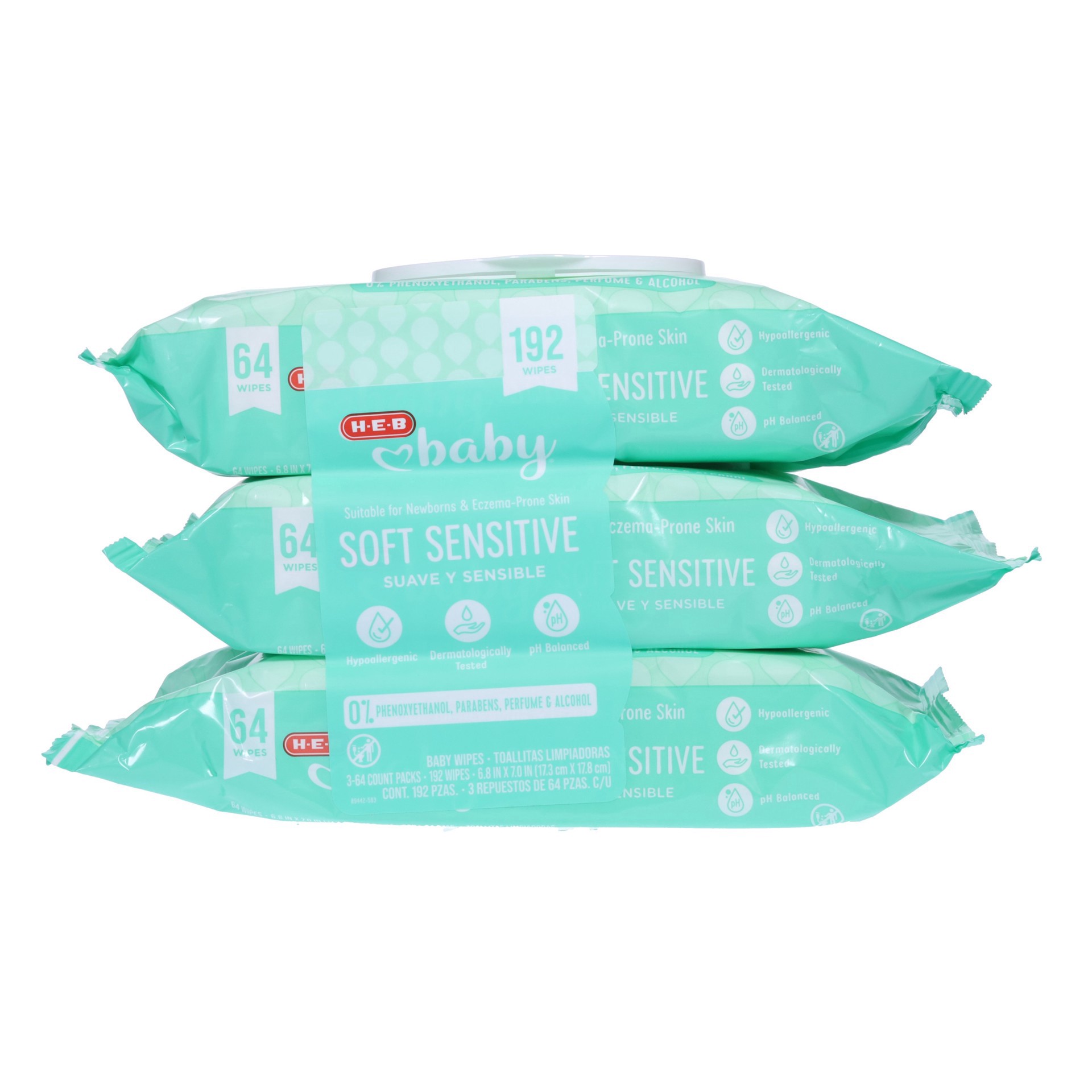 slide 1 of 1, H-E-B Baby Soft Sensitive Wipes, 3 Pk, 192 ct