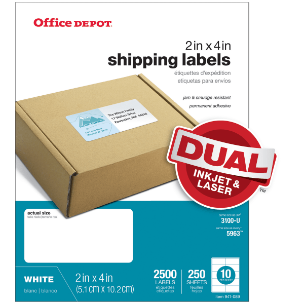 slide 1 of 1, Office Depot Brand White Laser Shipping Labels, 505-O004-0020, 2'' X 4'', Pack Of 2500, 2500 ct